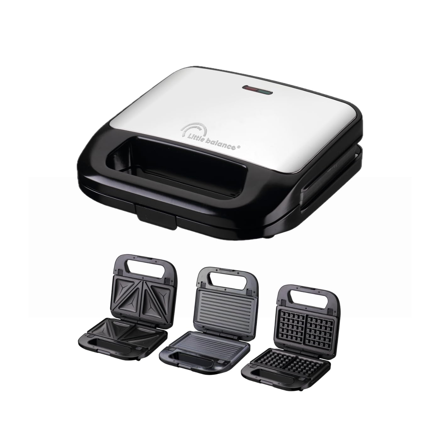 LITTLE BALANCE 3039 Waffle & Snack, Gaufrier 3 en 1, Gaufre, Croque Monsieur, Paninis, Sandwich, 3 plaques interchangeables, Sans PFAS, Compact, Rangement vertical, 750 W, Noir