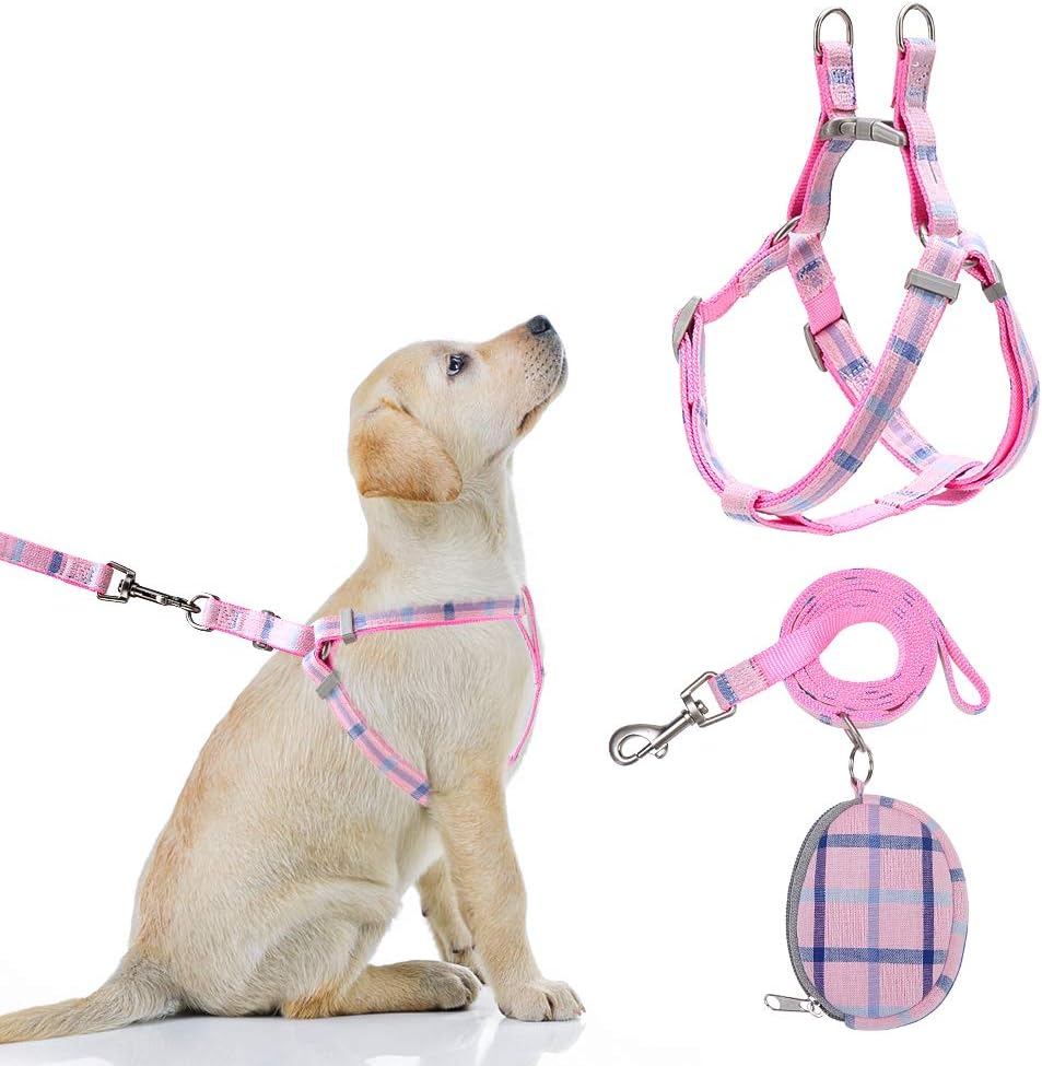 No Pull Dog Harness and Leash Set - Adjustable Plaid Step in Puppy Basic Harness for Small Medium Dogs Cats (S(Chest 15.7-22.8in), Plaid Pink) : Pet Supplies