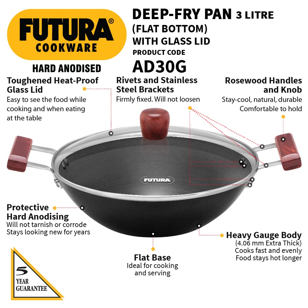 Hawkins Futura 3 Litre Deep Fry Pan, Hard Anodised Kadai with Glass Lid, Flat Bottom Kadhai, Black (AD30G)