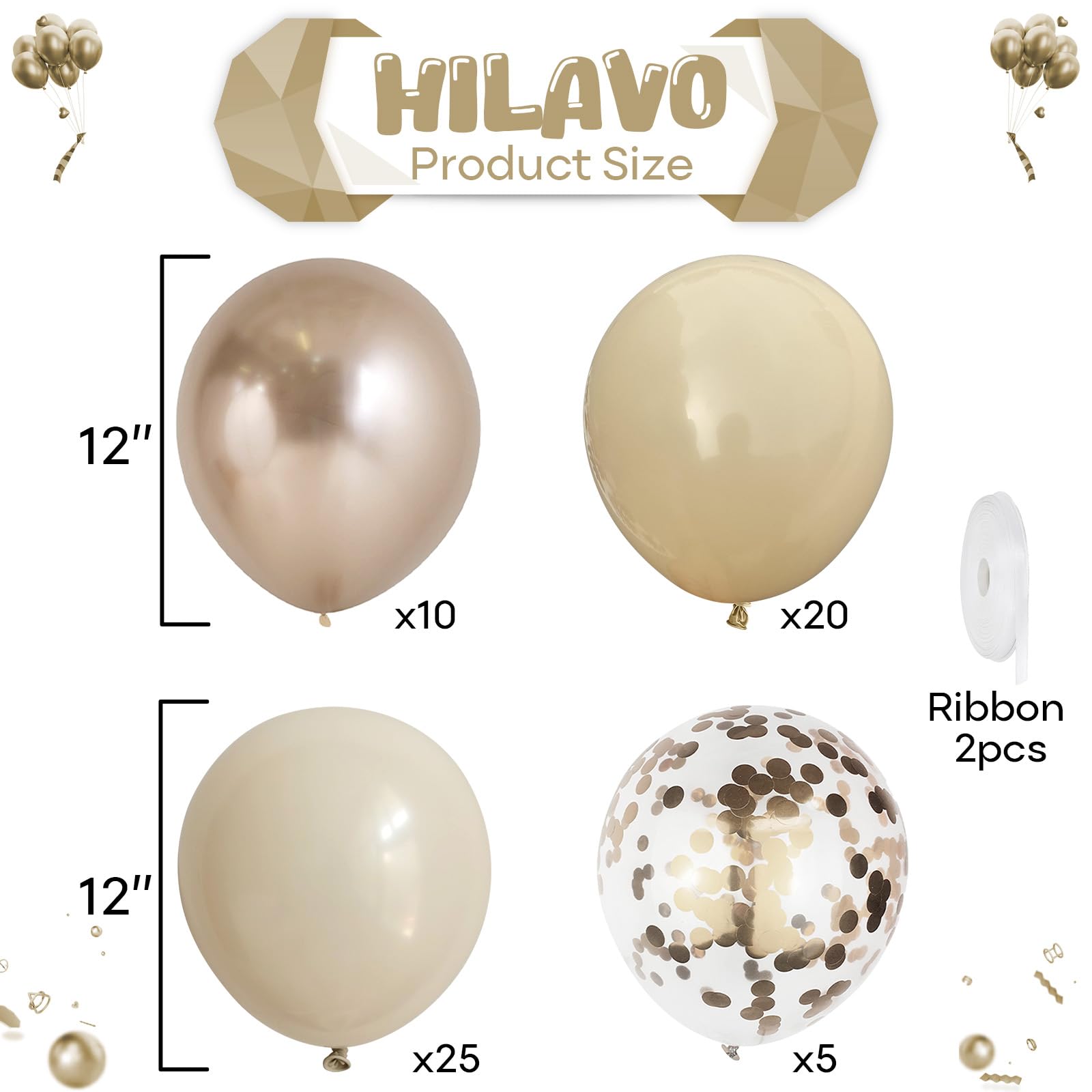 Luftballons Beige Gold, 60 Stück 12 Zoll Retro Nude Aprikose Weiß Sand Metallic Champagner Gold Helium Ballon mit Konfetti Latex Boho Ballons für Geburtstag Deko Bridal Babyparty Hochzeit Dekorations