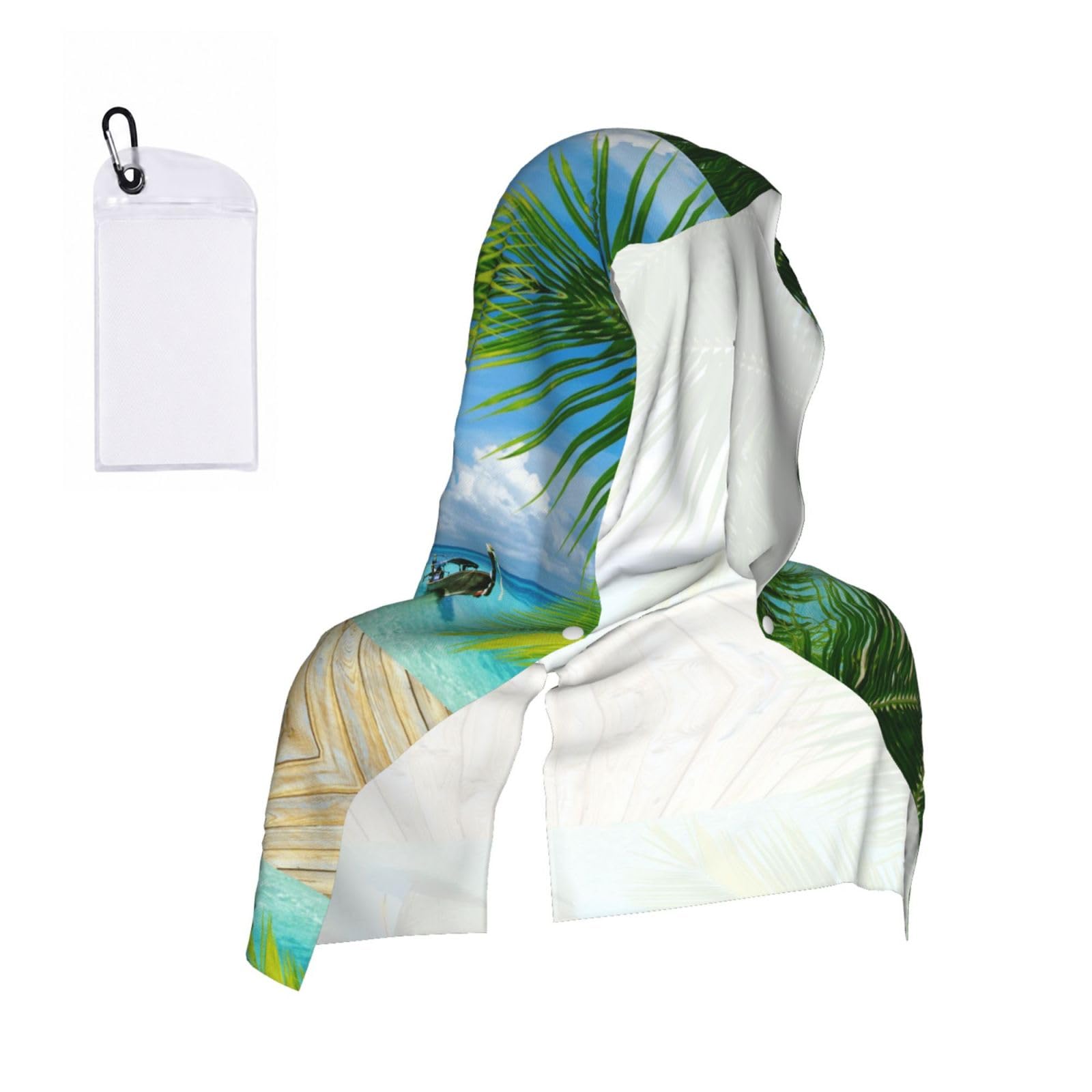 Esnaiuvcd Black Seaside Boat Coconut Leaves Print Multifunctional Cooling Hoodie Bandana Portable Sweat Absorbing Design For Beach Workouts Exercise Heat Relief Accessories