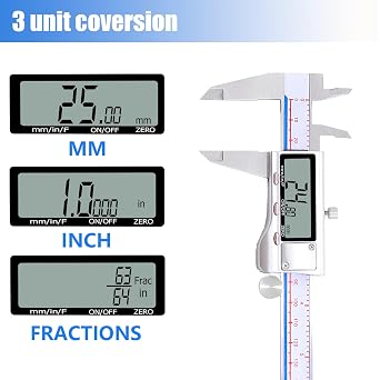 Digital Caliper, Vernier Caliper Measuring Tool with Stainless Steel, Electronic Micrometer Caliper with Large LCD Screen, Auto-Off Feature, Easy Switch from Inch Metric Fraction, (6 Inch//150 mm)