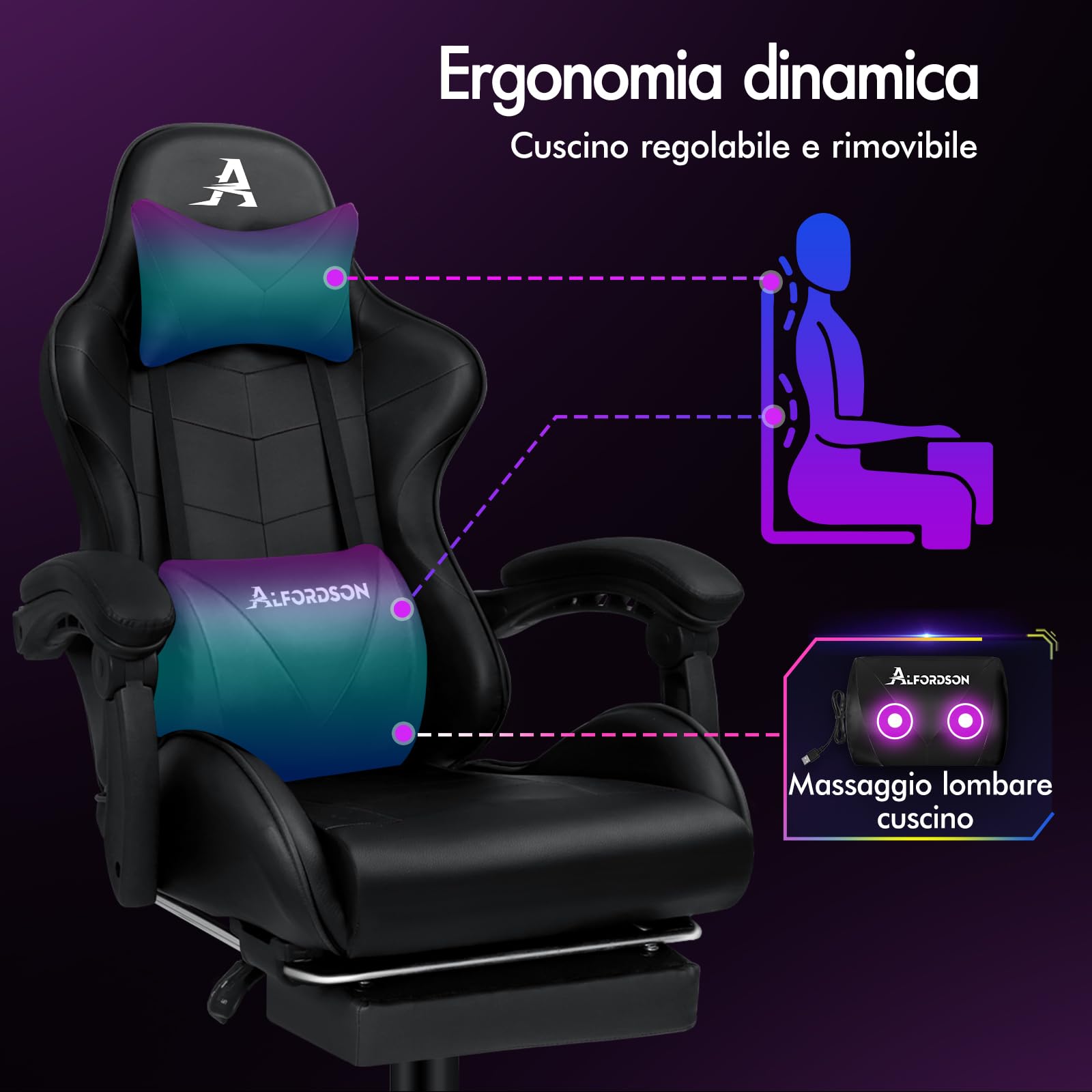 ALFORDSON Sedia Gaming Massaggiante, Sedia Professionale Gamer con Poggiatesta e Cuscino Lombare, Ergonomico Poltrona da Ufficio Schienale Regolabile 90-150°, Portata 180 kg, Similpelle(Nera)
