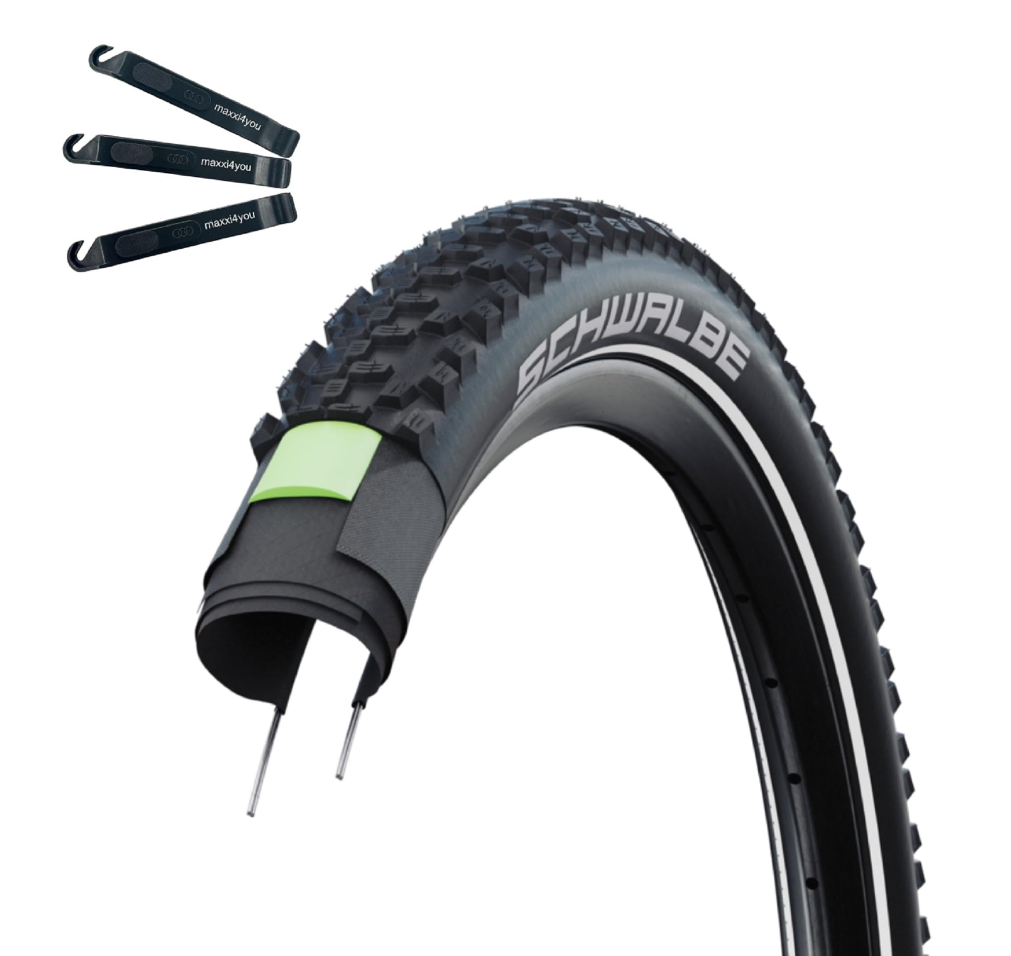 Schwalbe Fahrradreifen Smart Sam Plus Performance DD GreenGuard ADDIX E-50 Schwarz-Reflex 54-622 (29 x 2.10) inkl. maxxi4you Reifenheber