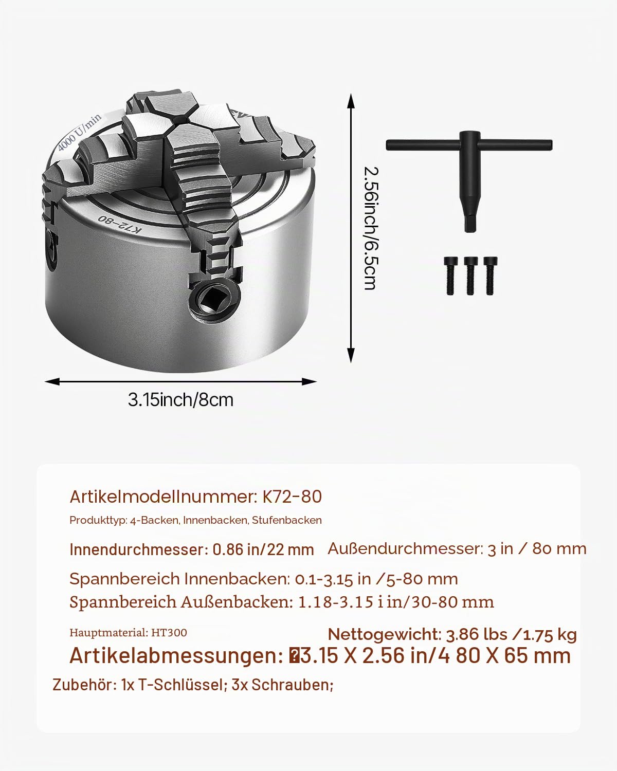 VEVOR 4-Backen-Drehfutter, 80 mm, Spannfutter, 5-80 mm Spannbereich mit T-Schlüssel-Befestigungsschrauben, umkehrbare Backen, HT300-Material, für Holz-Metall-Drehmaschine