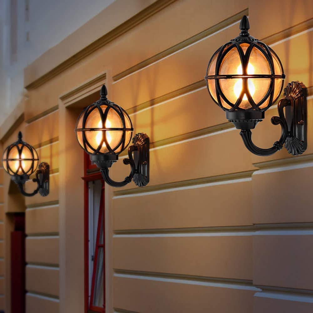Retro Außenlampe Schwarz Rund Wandlampe Wasserdicht IP54 Aluminiumguss und Glasschirm Aussenleuchte E27 Gartenlampe Hauseingang Terrassen Balkon Flur Außen-Wandleuchte (Schwarz 17.5 * 18 * 31cm)