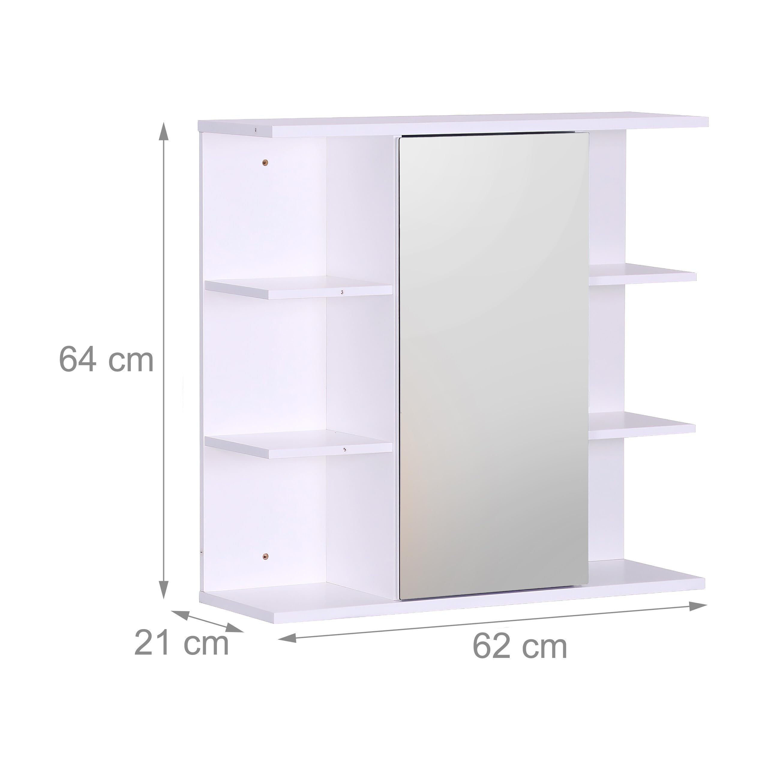 Relaxdays Armadio a Specchio, 6 Ripiani, 2 Scomparti, HxLxP: 64 x 62 x 21 cm, Montaggio a Parete