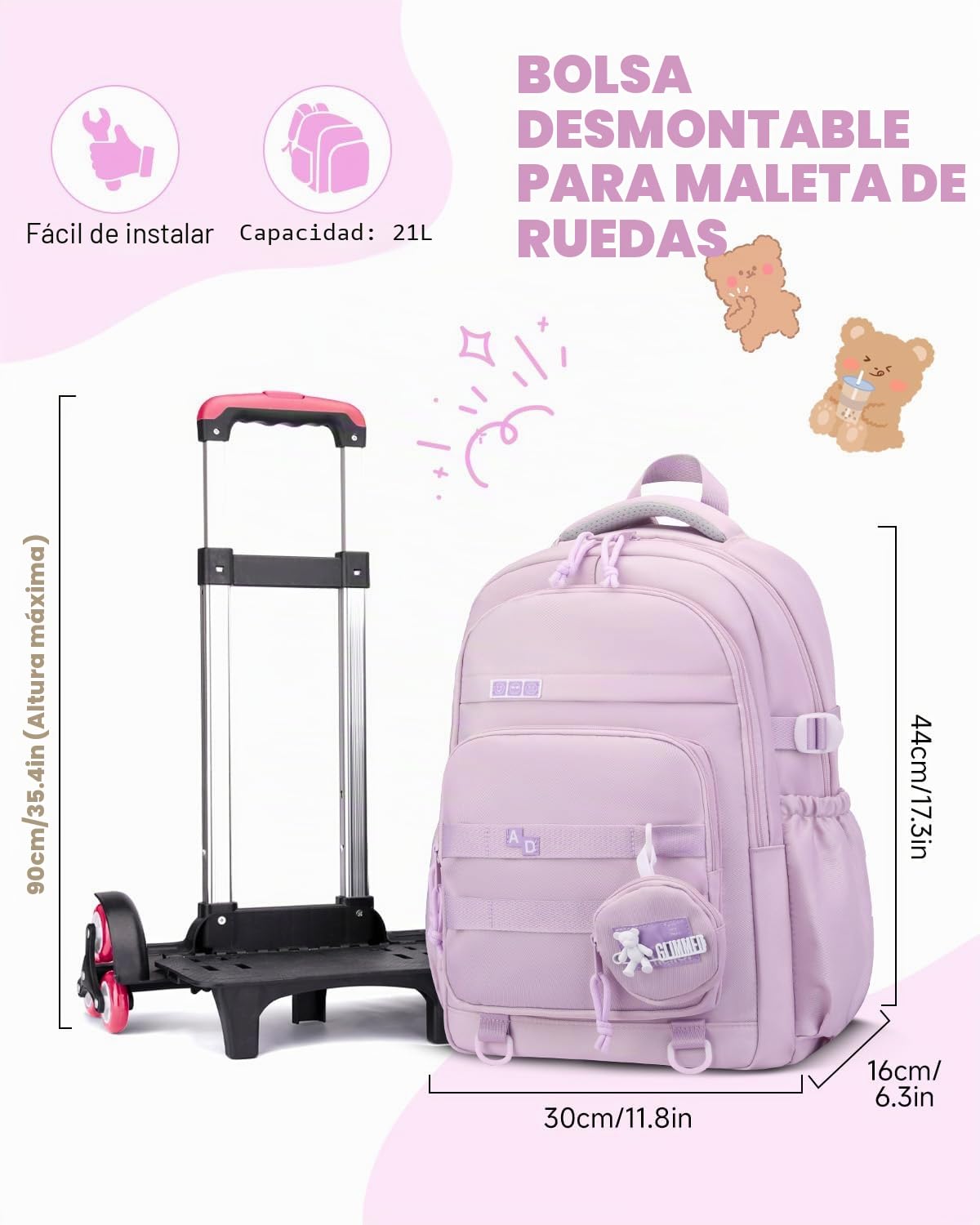 Amythe Mochila Escolar con Ruedas para Niña, Mochila Colegio Niña con Carrito Desmontable 6 Ruedas, 21L Mochilas Primaria Grande con Carro para Chicas 9-16 Años, Morado