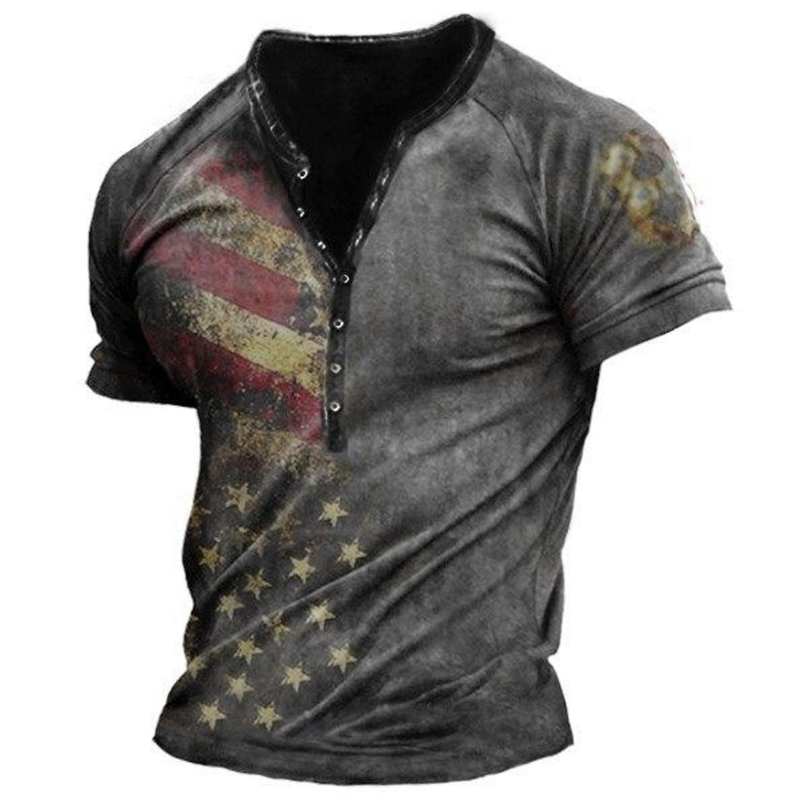 MTINDOMen's Street Fashion Sports Short Sleeve T Shirts Retro Distressed 3D Print Henley Neck T Shirt