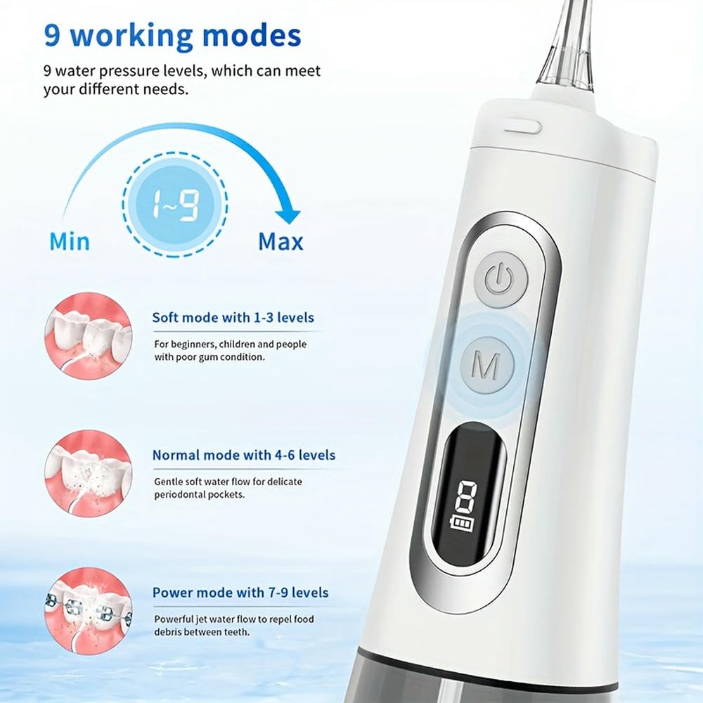 Irrigador bucal inalámbrico, portátil, Recargable, con 9 Modos y Carga por USB, batería de Litio.