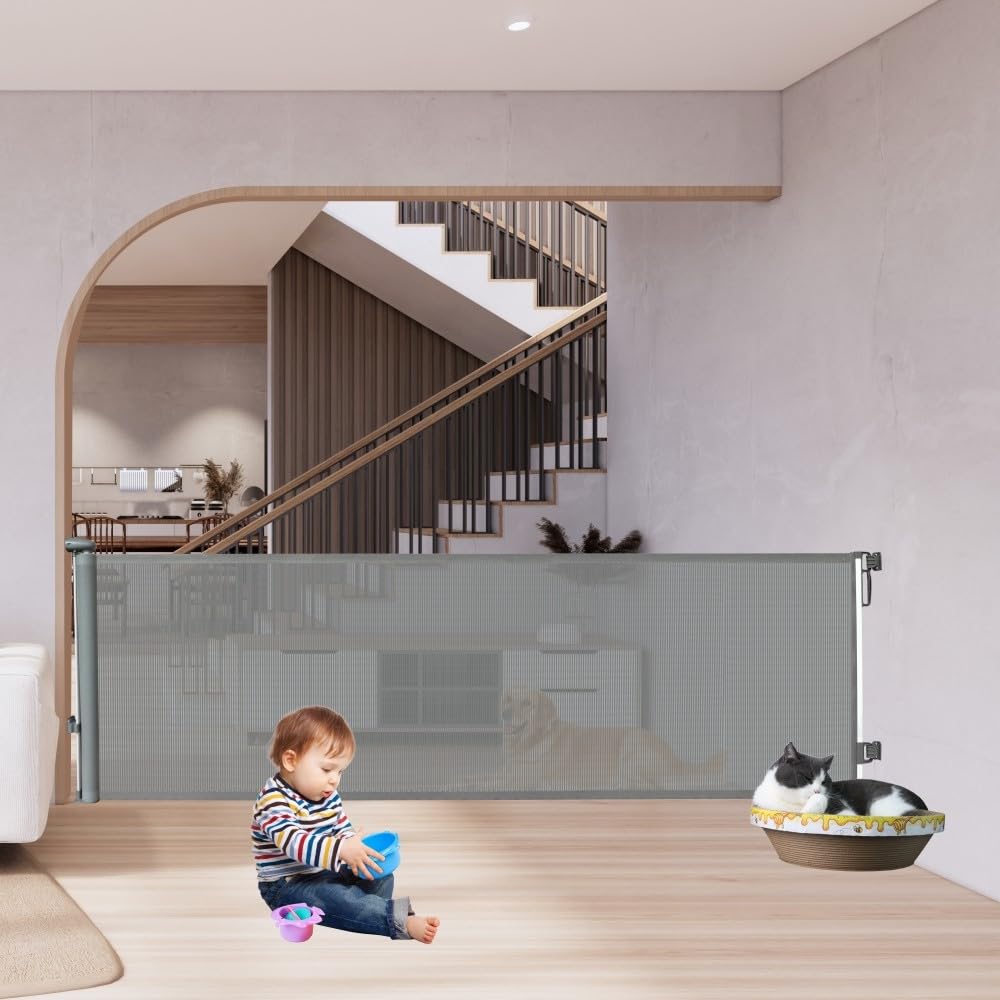 JUPIHOP - Puerta retráctil para escaleras sin taladrar y perforar para bebés y perros, hasta 300 cm, gris, puertas interiores extensibles, puerta de seguridad para niños, barrera de escaleras para