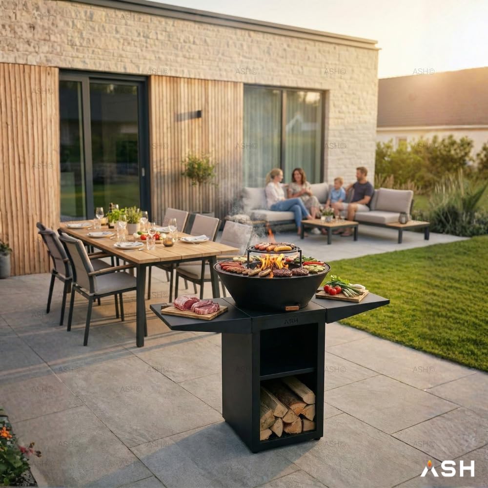 ASH Phoenix - Plancha Grill de Jardin Avec Cheminée - Noir - Acier - Barbecue Brasero Outdoor 60Ø x 115cm - Extra Large - Rangement Bois