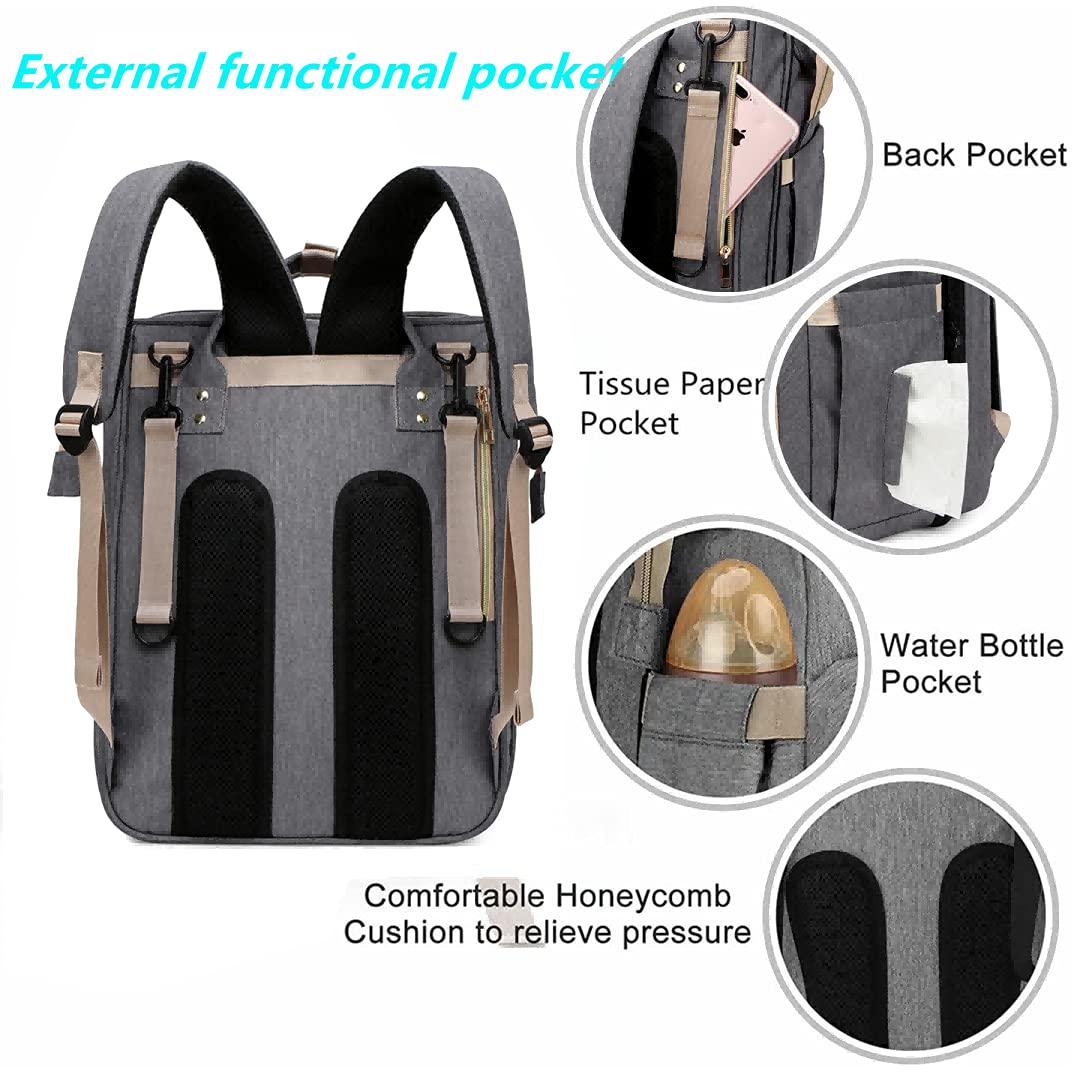 Mochila de pañales para bebé, de gran capacidad, organizador para cuna de viaje, mochila con alfombrilla y correas para cochecitos, bolsas aislantes para calentar botellas (gris claro),