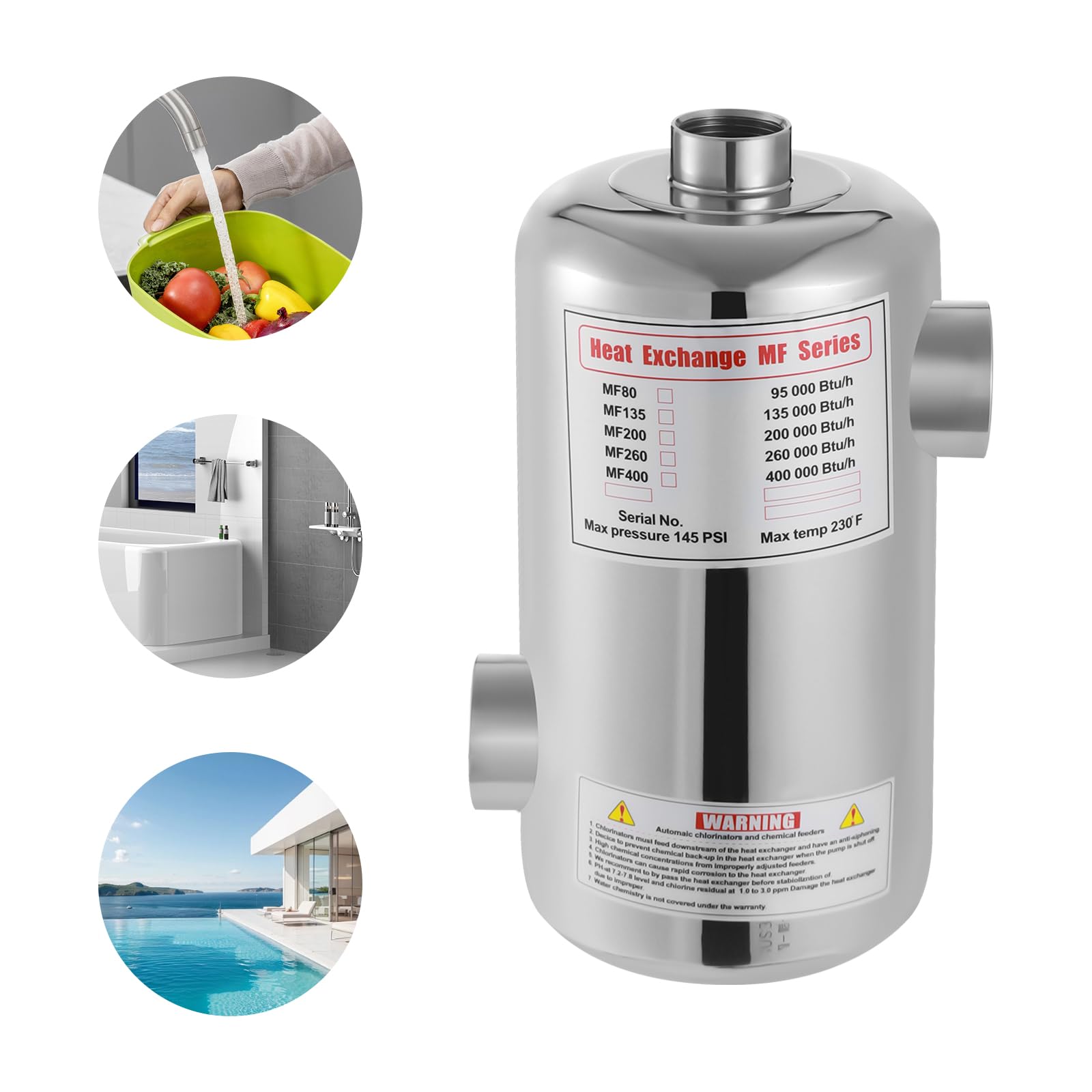 Intercambiador de calor para piscina de acero inoxidable, 304 28 kW, alto rendimiento, flujo inverso de 150 m³, calentador de piscina, calentador solar, SPA, derretimiento de nieve, compacto, carcasa