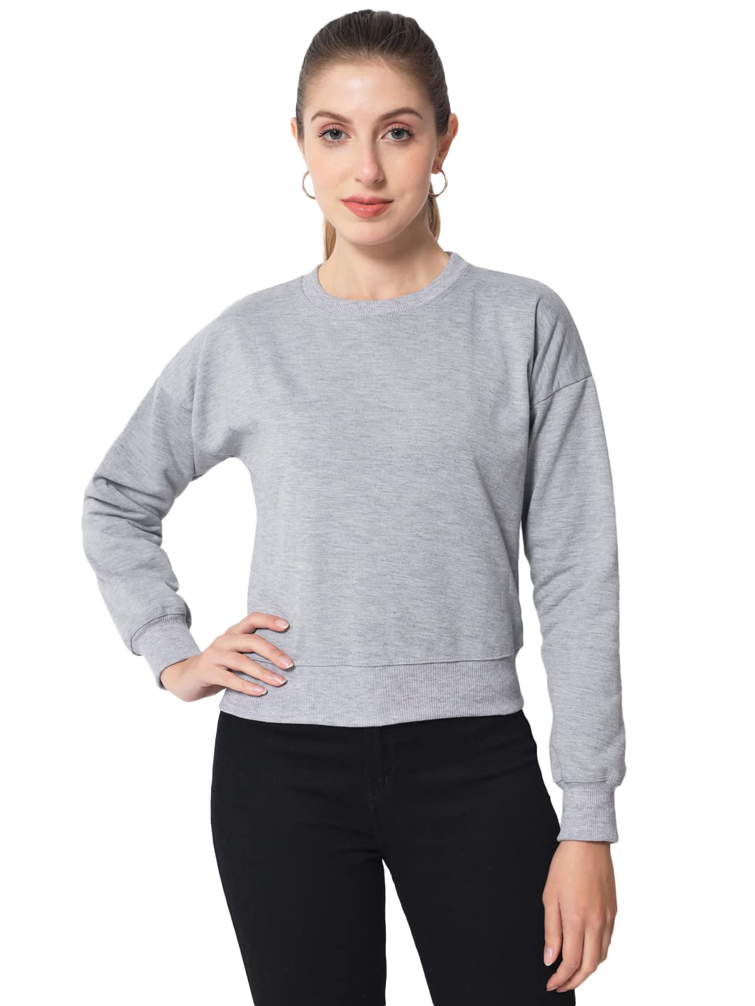 funday fashion Women Fleece Full Sleeve Solid Crop Crew Neck Sweatshirt-picture-17