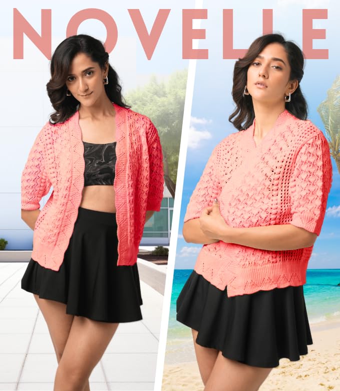 Image of Novella Women's Short Sleeve Cardigan Open | Front Lightweight Summer Sweater | Casual Loose Fit | Coral Color Cardiagn Medium Size