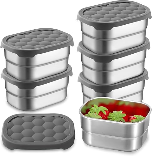 Hsei 6 recipientes de acero inoxidable para niños, recipientes de alimentos de 8 onzas con tapas de silicona, lonchera portátil y reutilizable de