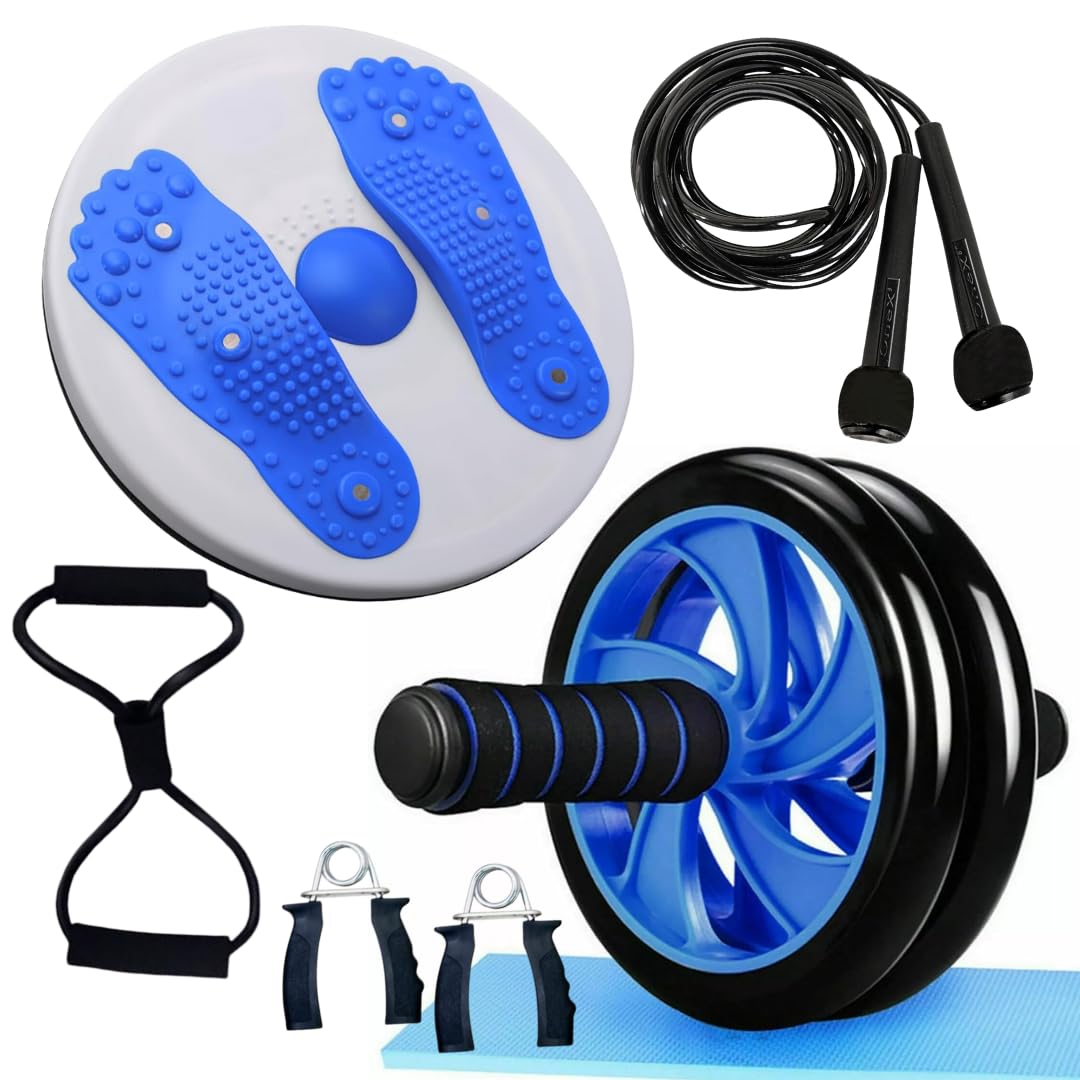 ONEX AB Roller - Ab Trainer Core Workout Kit – Portable Abdominal Wheel Ab Exercise for Men and Women at Home & Gym - Non-Slip Rubber Handles for Safe Workouts (Wheel Roller Blue Set + Twisting Disc)