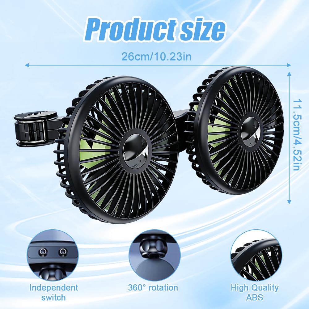 Mineup Ventilatore Per Auto Doppia Testa, Ventilatore USB Per Auto Per Sedile Posteriore, Ventilator 360° Ruotabile Portatile, 3 Velocità, Controllo Separato, Ricaricabile, Per Camion Furgone SUV RV