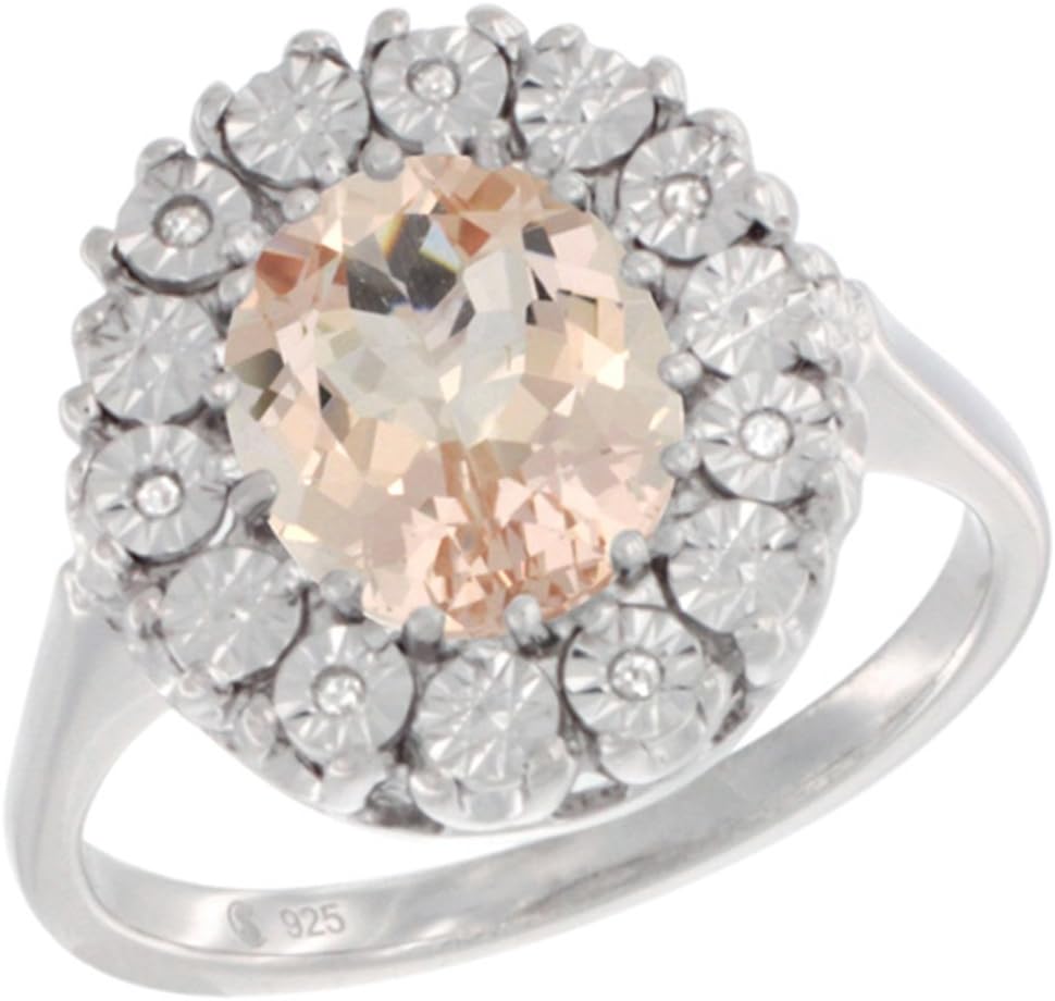 Sterling Silver Natural Morganite Ring Oval 9x7, Diamond Accent, sizes 5 - 10