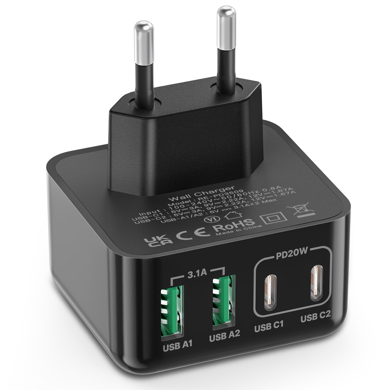 USB Ladegerät, 40W 4-Port USB C Ladegerät iPhone 15 Schnellladeblock USB C Adapter Dual Port PD+QC Wandstecker Multiport Typ C für iPhone 17 16 15 14/13/12/11/Pro Max/XS/XR/8/7/Samsung/Tablet