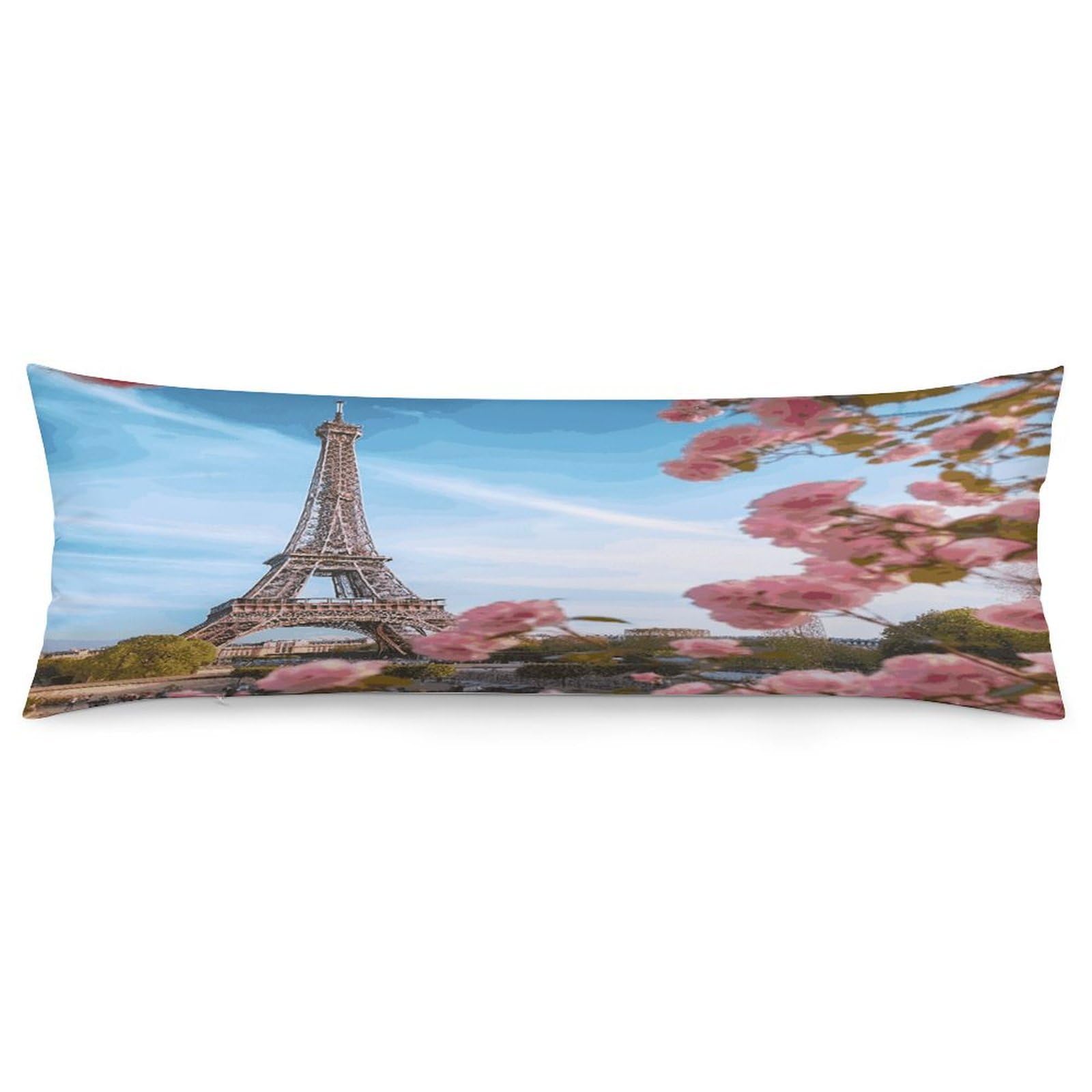 Paris Eiffel Tower with Flowers Pillowcase Decorative Long Body Pillow Case Soft Breathable Body Pillow Cover Modern Large Pillowcase Cute Body Pillow Pillowcases for Bedroom Couch 18.9 X 53 Inch