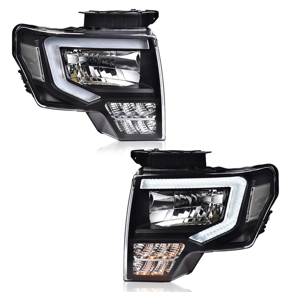 GRAND ORANGE LED DRL Headlight Assembly Compatible with Ford F150 2009-2014 Headlamps Driver &amp; Passenger Side Clear lens White Reflector FO2503287 DL3Z13008EC
