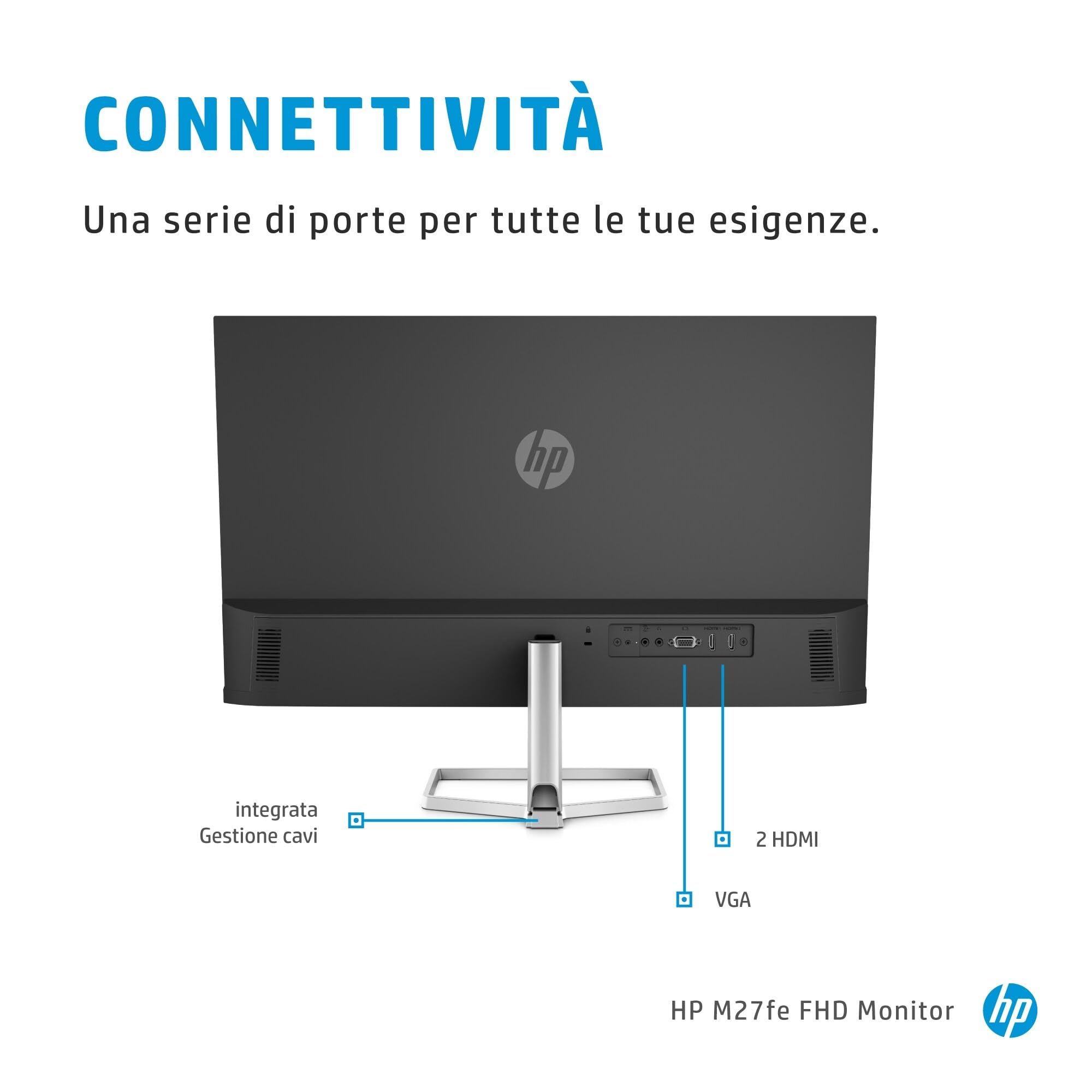 HP M27fe Monitor da 27", FHD, 16:9, Antiriflesso, Pannello IPS da 75Hz, Tempo di Risposta 5 ms, Reclinabile, AMD FreeSync, 300 Nits, Low Blue Light, HDMI 1.4, VGA, No montaggio VESA, Argento