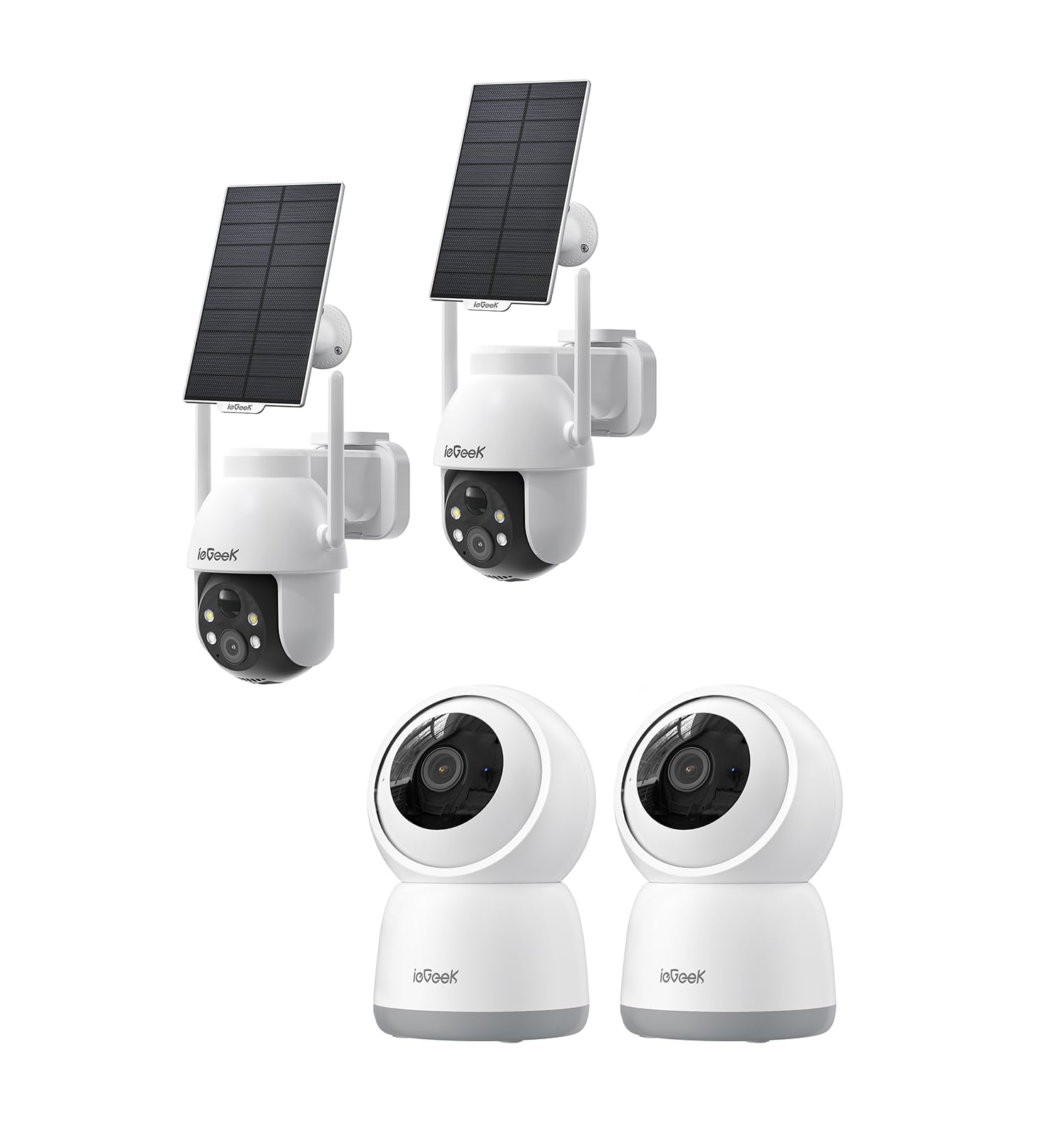 ieGeek 2.4/5GHz Camara Vigilancia WiFi Interior 2K 360°PTZ y 2PCS 3MP Camara Vigilancia WiFi Exterior Solar Sin Cables, Voz Bidireccional, Detección Humanoide, Alarma