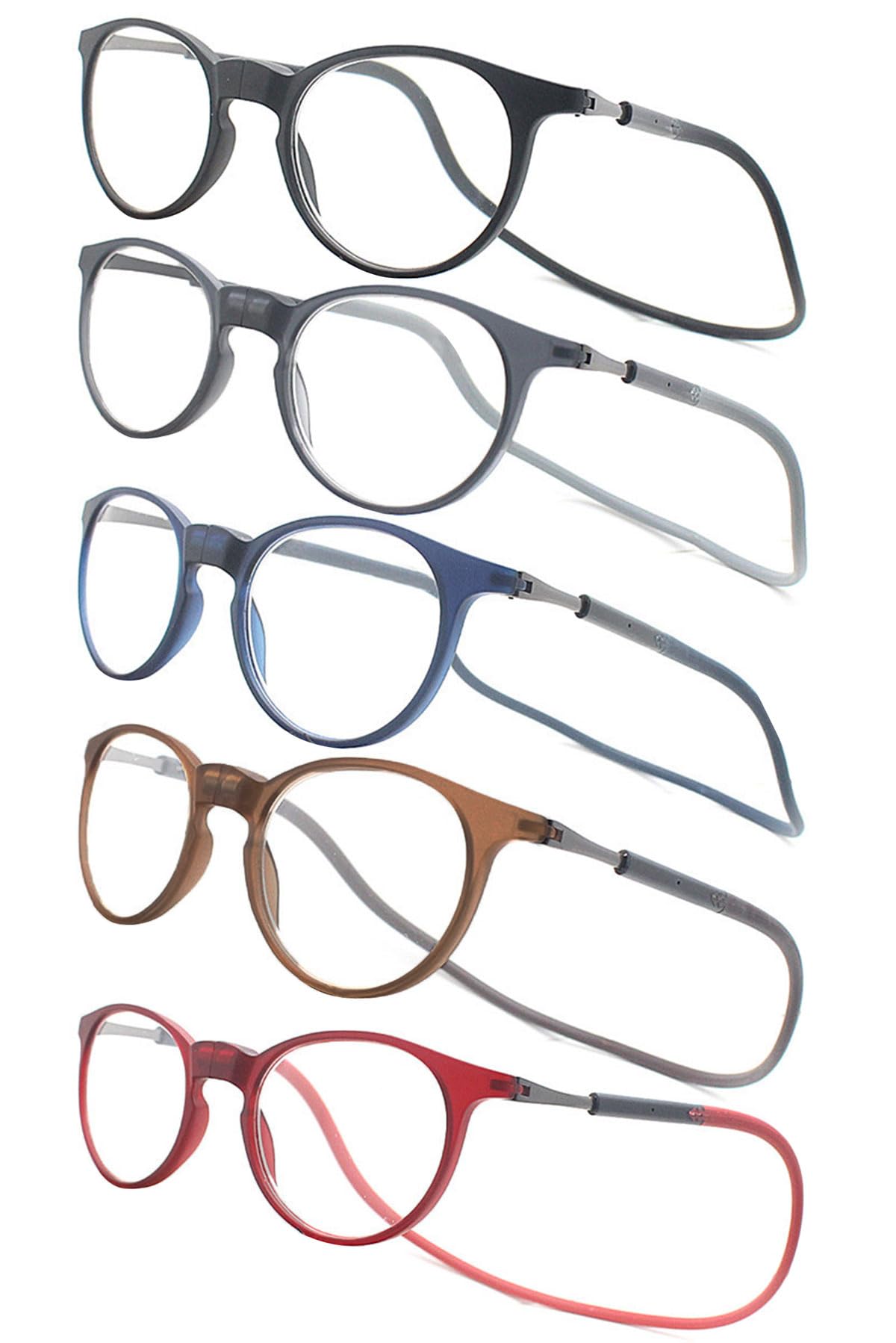 KOOSUFA Runde Magnetische Lesebrille mit Magnetverschluss Clip Herren Damen Leicht TR90 Faltbare Lesehilfe Arbeitsplatzbrille mit Einziehbare Brillenbügel, zum Aufhängen am Hals