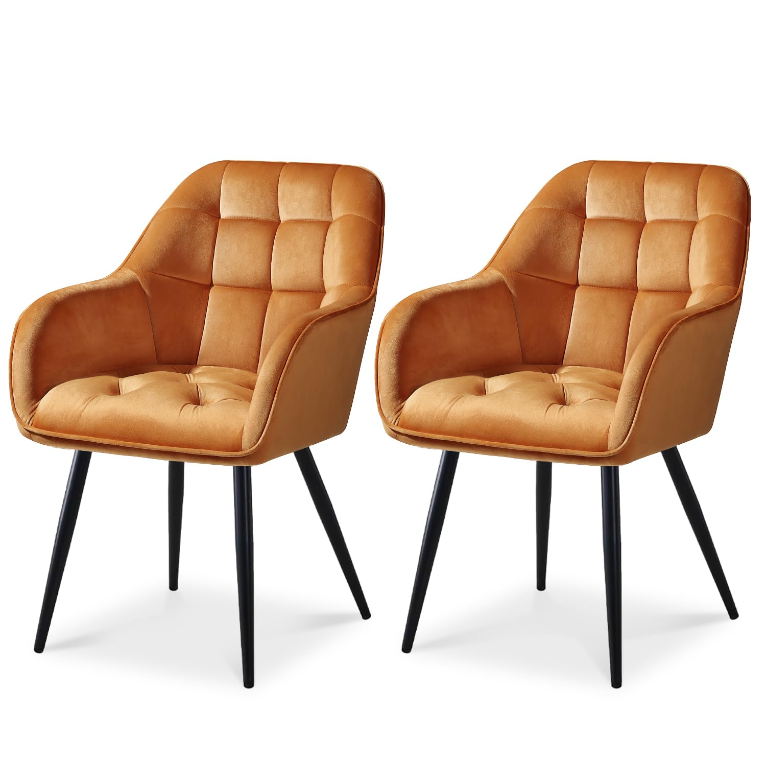 ELUCHANG Kitchen Dining Chair Set of 2 with Arms, Backrest, Velvet Thick Padded Upholstered, Vanity Chair, for Dining Room, Living Room, Dressing Table, Lounge, Orange