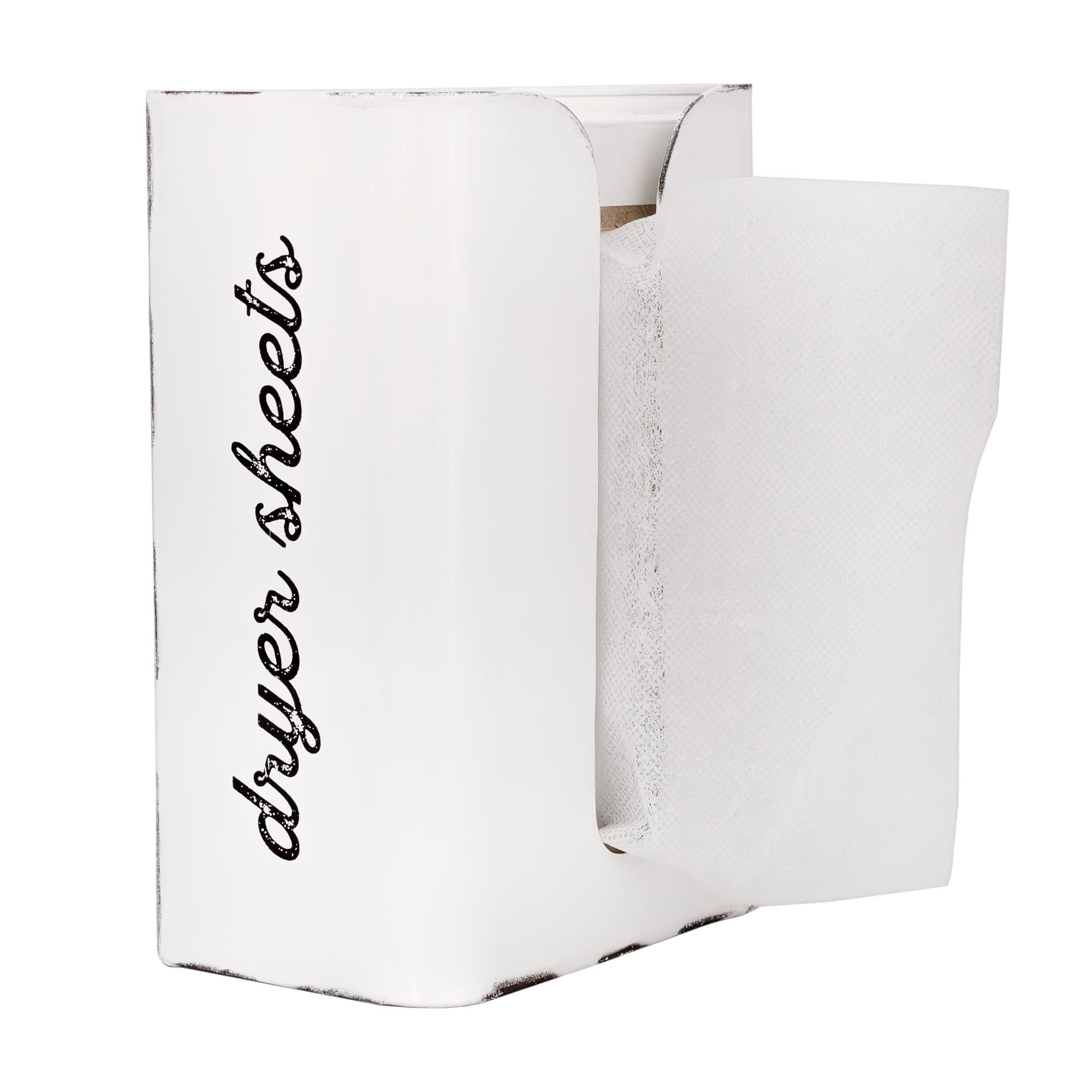 AuldHome Dryer Sheet Dispenser (White); Rustic Distressed Style Fabric Softener Sheet Holder for Laundry Room