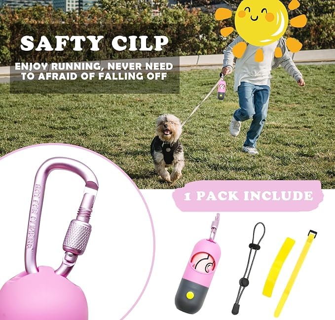 Image of YUCHIYA Dog Poop Bags Holder with UV Flashlight with 1 Roll of Leak-Proof Dog Waste Bags Black Light for for Pet Urine Detector with Built-in LR44 Batteries and Dog Walking Accessories (Pink)