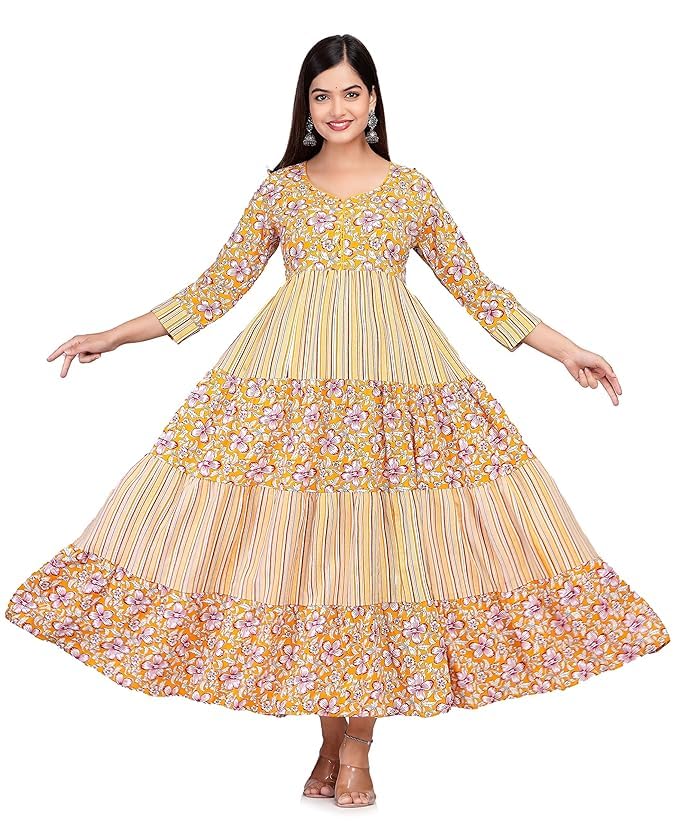 Women's Anarkali Kurta, Floral Print, Long Sleeve, Rayon, Tiered Flared Maxi Dress-picture-42