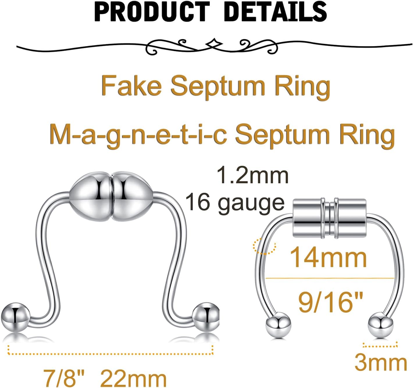 MODRSA Fake Nose Stud Fake Nose Ring Stud Fake Nose Piercing Fake Lip Ring Fake Earrings Stud Silver Gold Fake Cartilage Helix Earring Clip on Earring Hoop Fake Eyebrow Ring Fake Bridge Piercing - Image 2