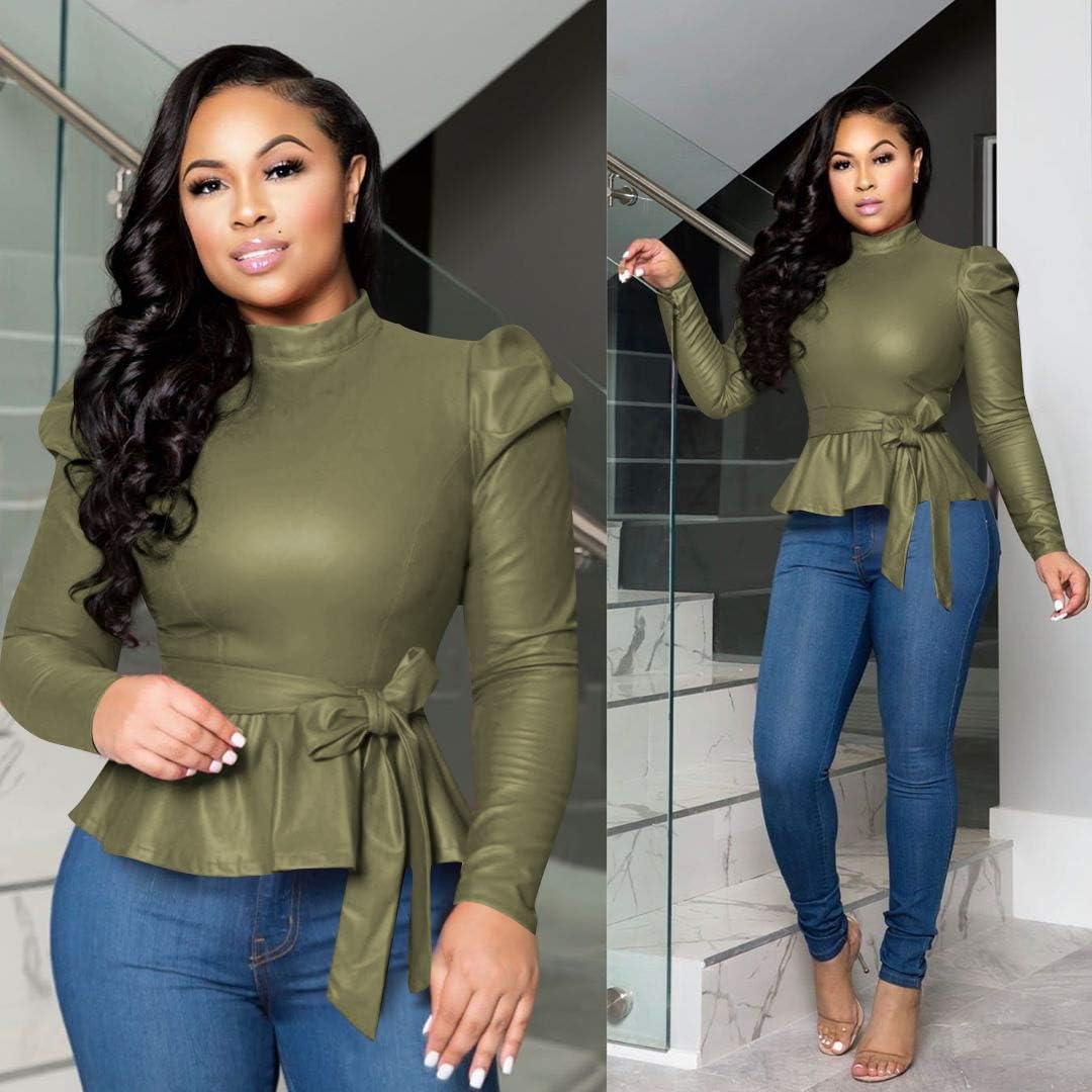 acelyn Women's Matte Mock Neck Turtleneck Long Sleeve Faux Leather Shirts Blouse Top with Belted - Image 3