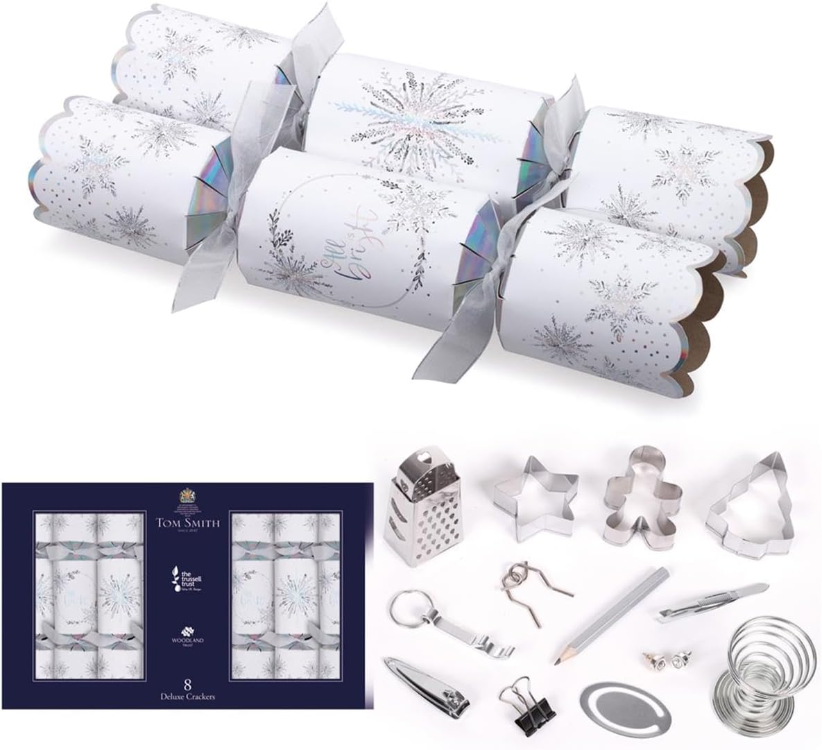 Tom Smith Pack 8 Deluxe White & Silver Snowflake Charity Christmas Crackers