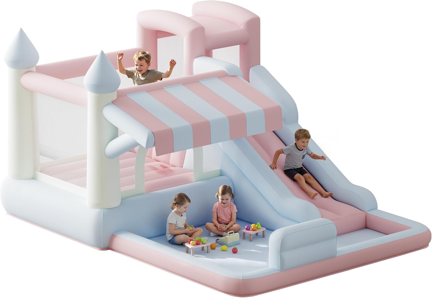 Albott Inflatable Bounce House, Water Slide with Jumping Area, Climbing Wall and Splash Pool, Indoor Outdoor Jumper for Big Children, Air Blower Included, Pastel Color, 121x93x69 Inch