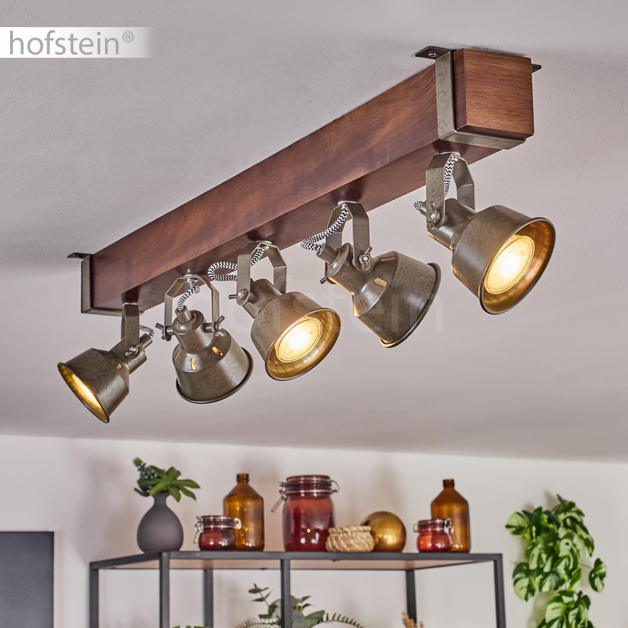 Pehefito, plafoniera moderna in metallo/legno nero/marrone scuro/verde/grigio, plafoniera industriale con paralume orientabile, 6 fiamme, 5 x GU10 senza lampadine