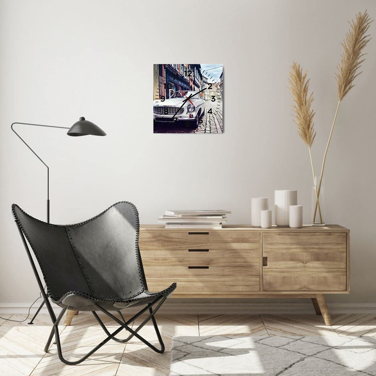 ARTTOR Zegar ścienny na szkle samochód ulica dom Nowoczesny 30x30 cm Dekoracja ścienna Salon Sypialnia Kuchnia Deko Cichy zegar na ścianę Duży Wall Clock Dekor C4AC30x30-3677