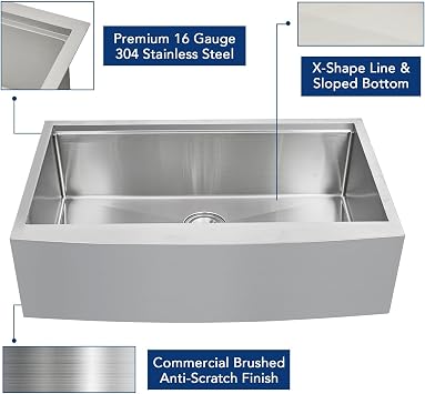 33 Inch Farmhouse Sink Stainless Steel, Apron-Front Single Bowl Farm Kitchen Sinks with Accessories, 16 Gauge Stainless Steel Farmhouse Tank Wash Dish Groove