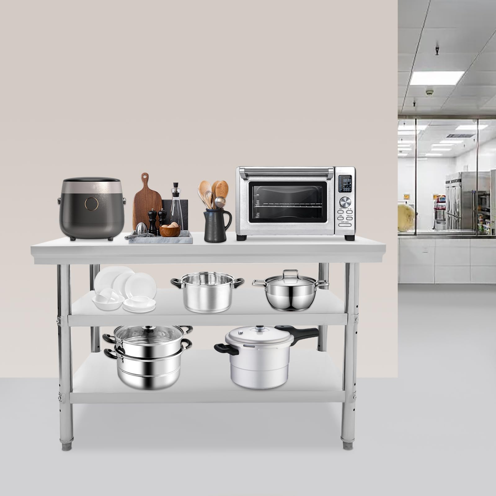 Mesa de trabajo de acero inoxidable, 120 x 60 x 90 cm, rectangular, cocina, mesa de acero inoxidable, mesa de barbacoa, muebles de cocina para exteriores, 3 niveles, plata