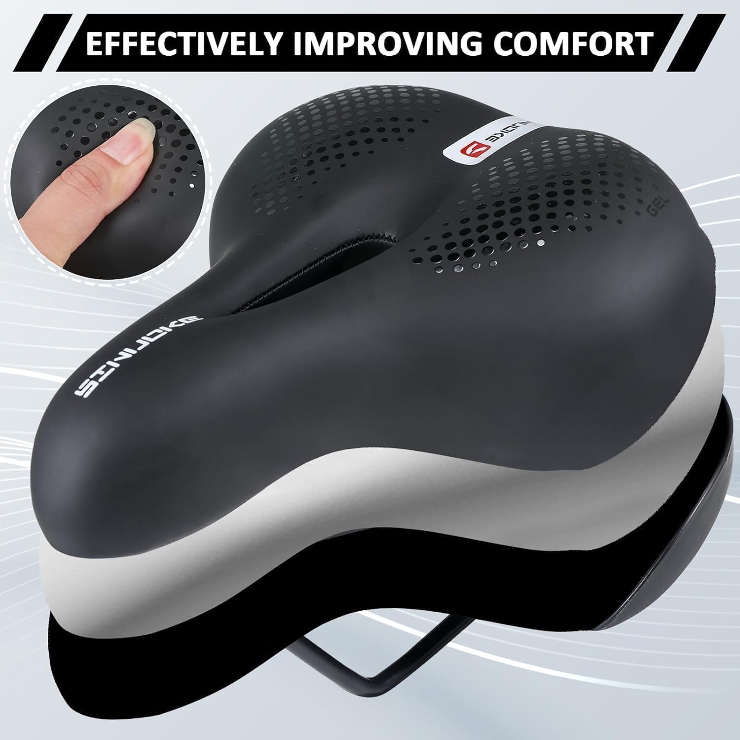 Bike Seat for Men & Women, Comfortable Gel & Foam Bicycle Saddle with Ergonomic 5-Zone Support, Shock Absorbing, Waterproof Wide Design, Fits Road, Mountain & Exercise Bikes