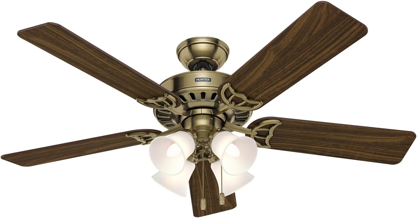 Hunter 52 inch Indoor Ceiling Fan with LED Lights and Pull Chain - Brass Ceiling Fan, Standard Mount, 5 Blades, For Bedroom, Living Room, or Kitchen, Quiet - Studio Series 53063, Antique Brass