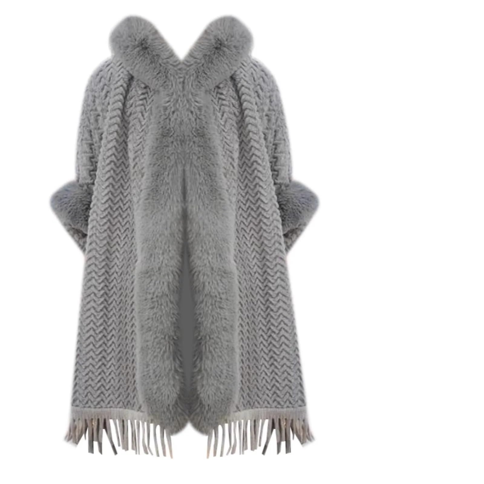 Poncho Donna Poncho Invernale Caldo e Spesso, Mantello di Velluto da Donna, Soprabito con Nappe pelose, Collo in Pelliccia Sintetica