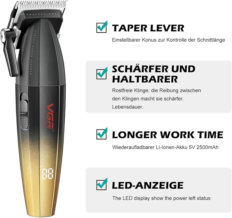 VGR 003 Fresh Fade Professzionális Hajvágó, Vezetékes/Vezeték Nélküli Hajnyíró LED Kijelzővel, T-pengével, 5 Fokozatú Vágási Beállítással Fé