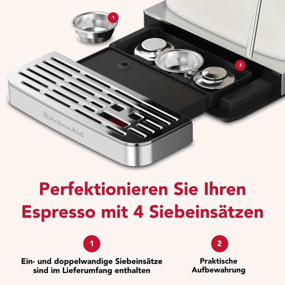 KitchenAid Kaffeemaschine mit Mahlwerk Halbautomatische Espressomaschine Milchschäumer Milchkännchen Bohnenbehälter Weiss
