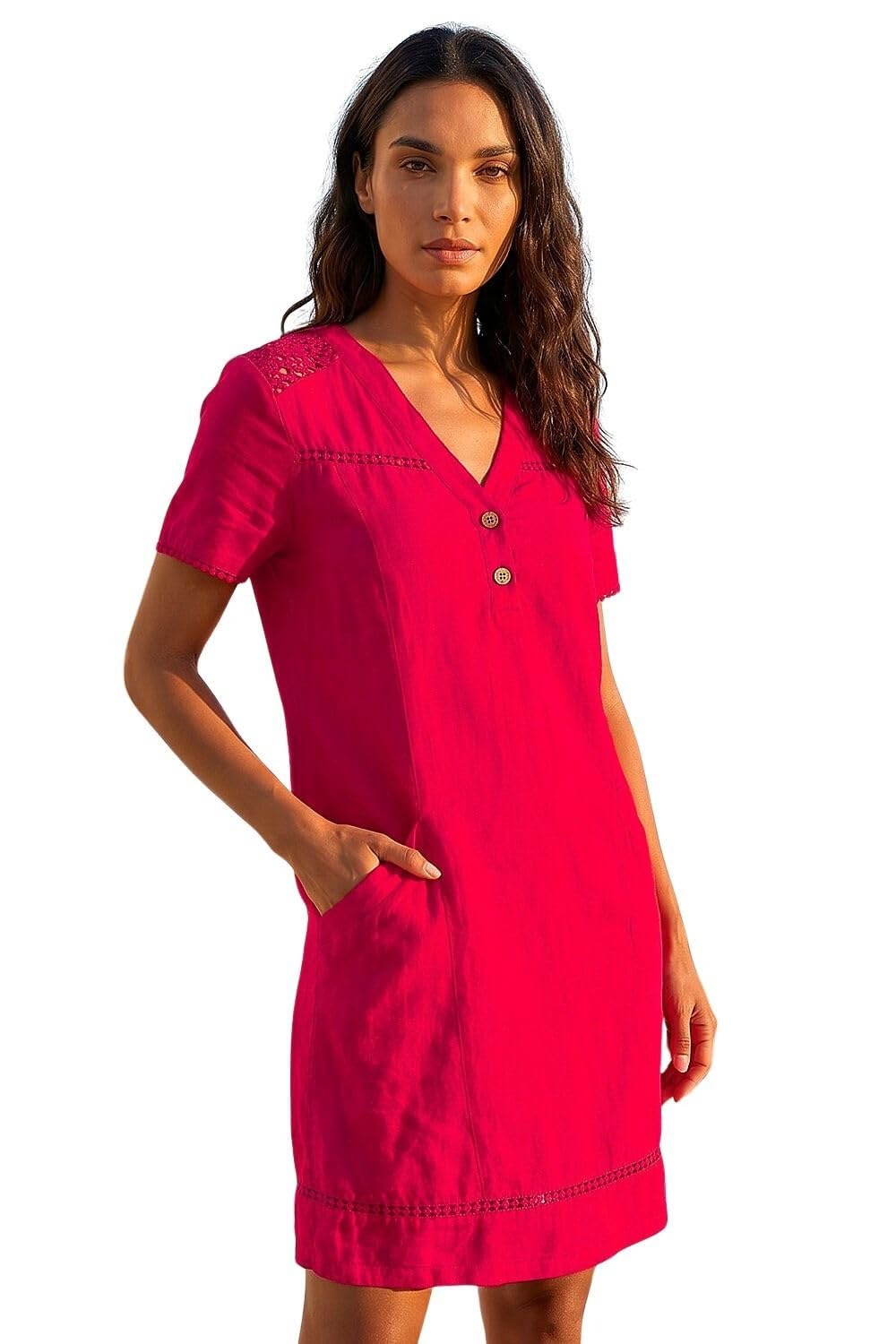 Roman Originals Linen Mix Button Shift Dress for Women UK - Ladies Everyday Holiday Spring Summer Notch Neckline Comfy Soft Evening Vacation Work Party - Red - Size 18