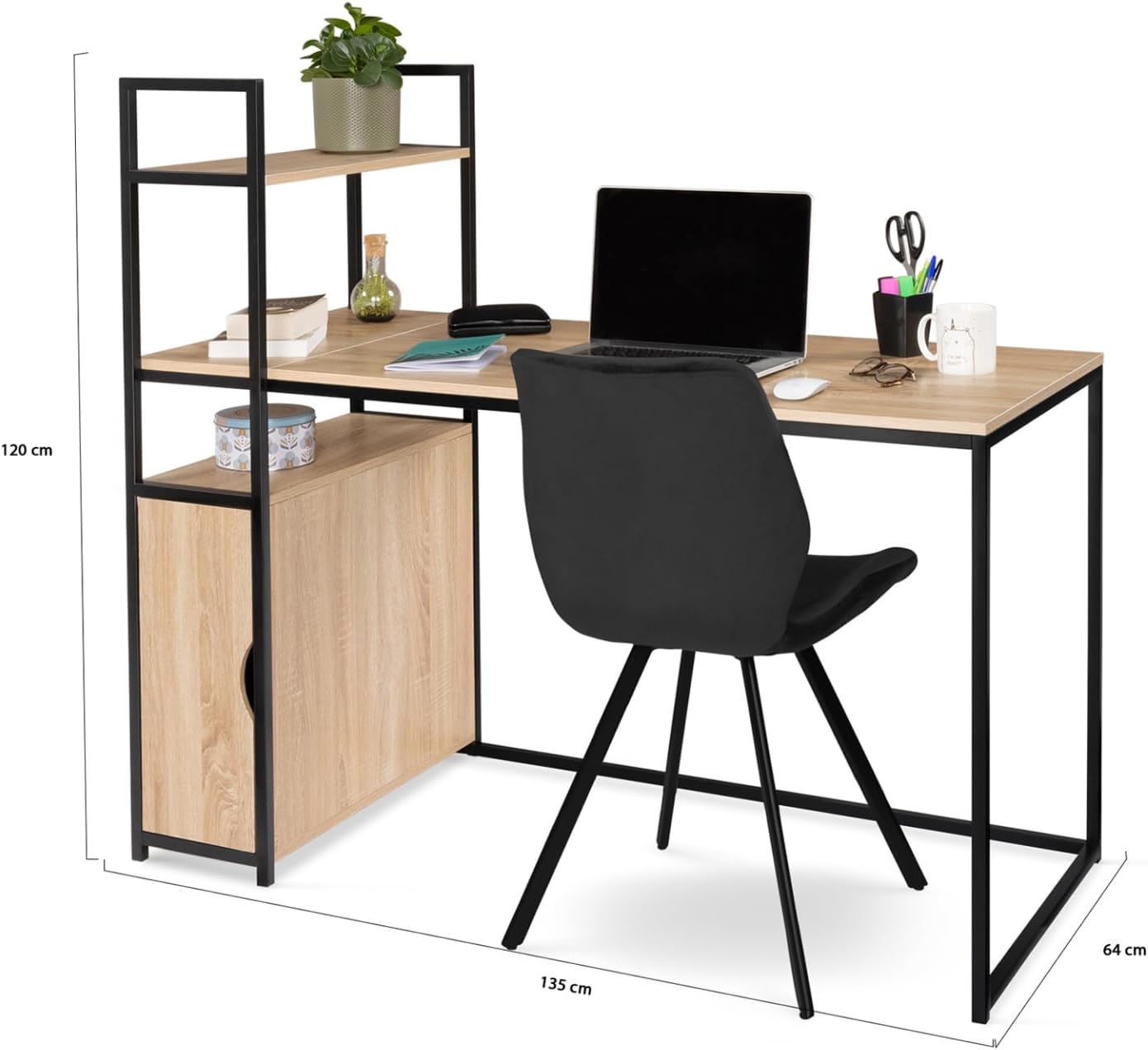 Diagram showing the dimensions of the IDMarket Detroit Bookcase Desk