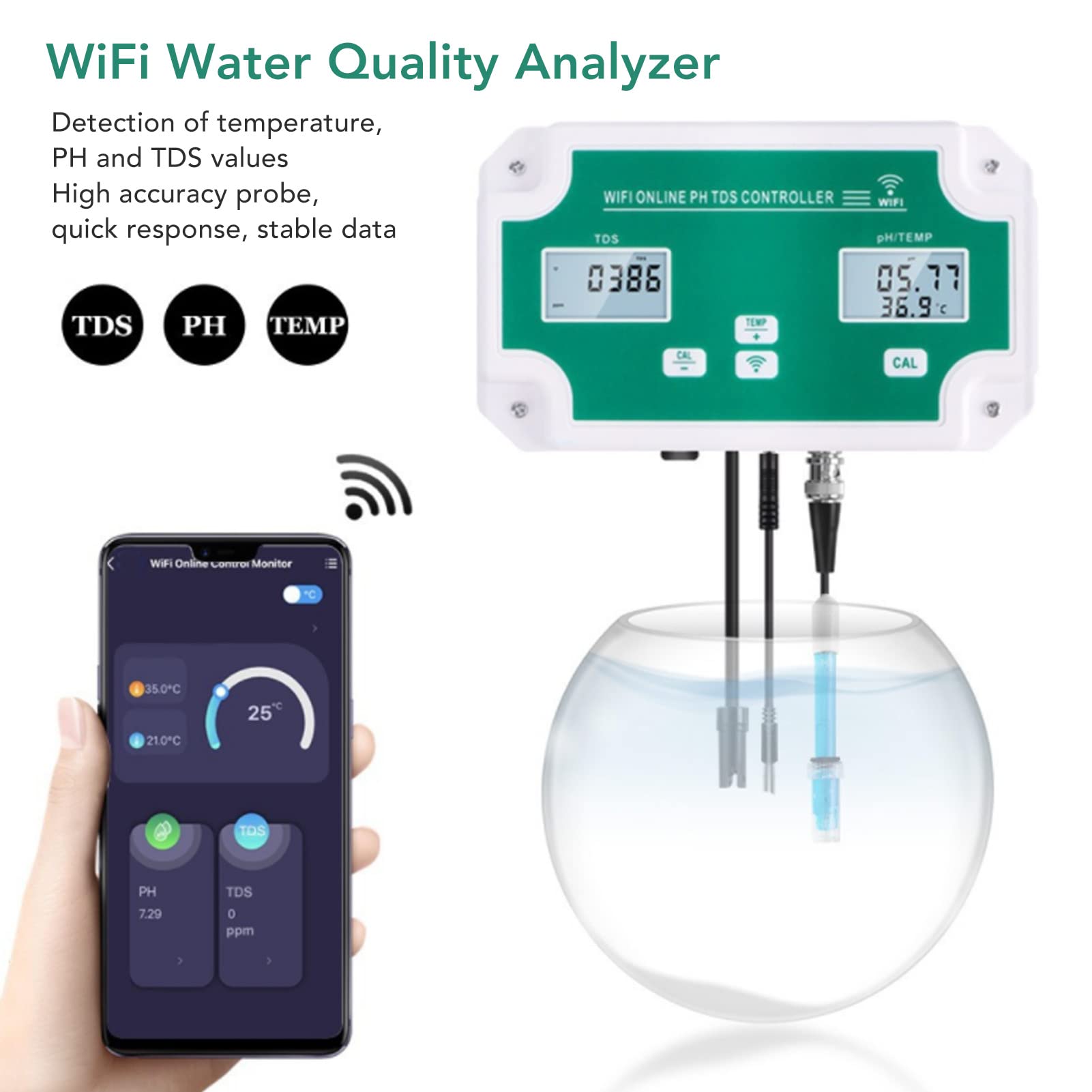 WIFI PH TDS Detector, Detectar Temperatura PH TDS Valores Sondas de Alta Precisión Controlador de Calidad Del Agua Analizador, Transmisión de Datos en Tiempo Real para Laboratorios(EU230V)